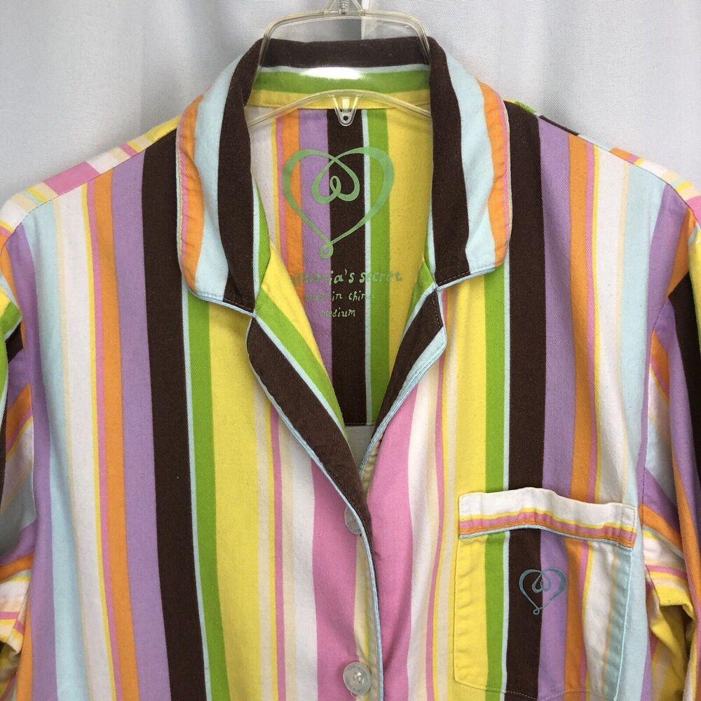 Victoria's Secret Y2K Rainbow Striped Cotton Flannel Pajama Top Women's Medium